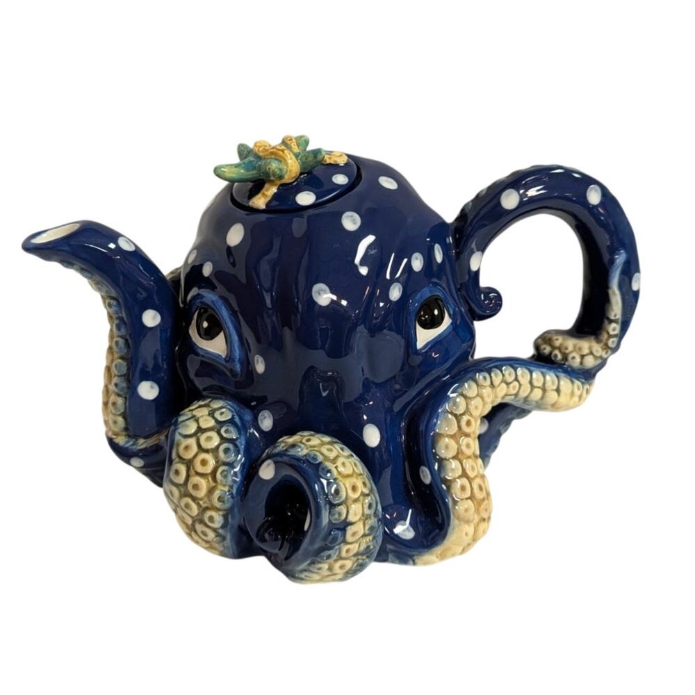 Blue Sky Claywork Blue Octopus Ceramic Teapot Polka Dot Nautical Coastal Novelty - Picture 2 of 8